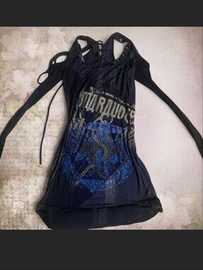 SALVAGE Edgy Blue Rhinestone "Marauders" Long Sleeve Top/Tunic. XS